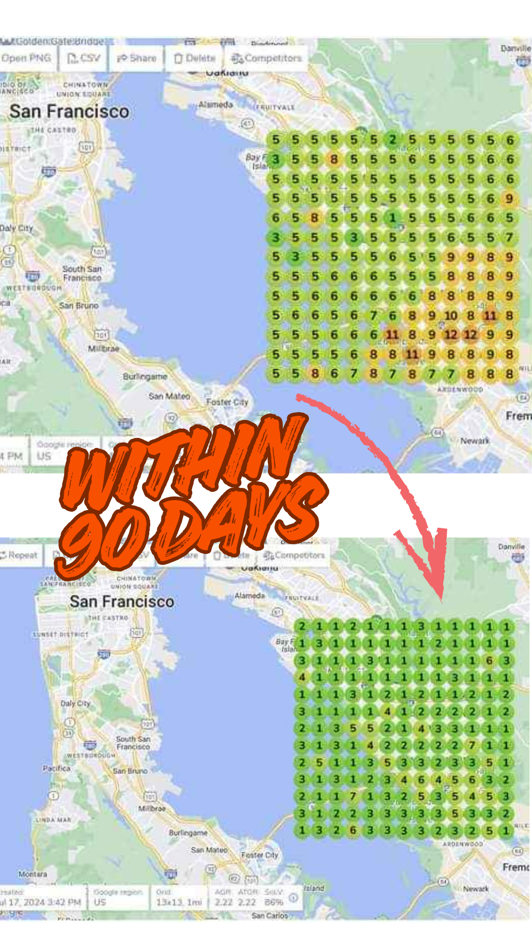 Before and After SEO Ranking Map - San Francisco Bay Area